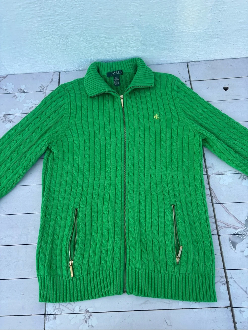 Ralph Lauren Bright Green Cable-Knit Zip Sweater - Picture 3 of 9